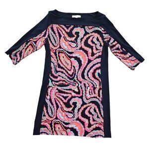 Banana Republic Navy Blue Paisley Sheath Dress Size Medium Stretch Boatneck Knee